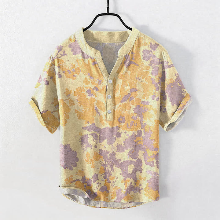 Buddha Stones コットン水彩花柄ヘンリーネックメンズ半袖ハーフボタンシャツ - カーキ - US/UK/AU50、EU60（5XL） - image 3