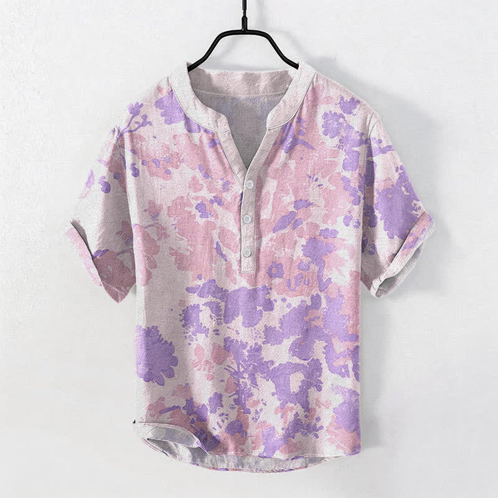 Buddha Stones コットン水彩花柄ヘンリーネックメンズ半袖ハーフボタンシャツ - アザミ - US/UK/AU50、EU60（5XL） - image 5