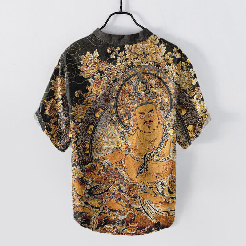 Buddha Stones コットンゴールド ブッダ 花柄プリント メンズ 半袖ハーフボタンシャツ - image 1