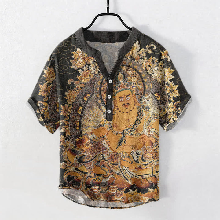 Buddha Stones コットンゴールド ブッダ 花柄プリント メンズ 半袖ハーフボタンシャツ - ダークスレートグレー - US/UK/AU50、EU60（5XL） - image 0
