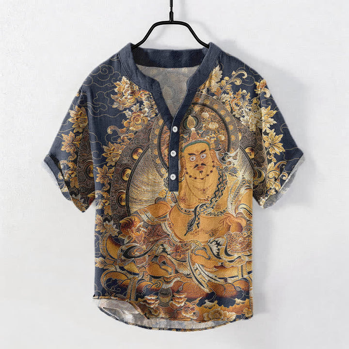 Buddha Stones コットンゴールド ブッダ 花柄プリント メンズ 半袖ハーフボタンシャツ - ミッドナイトブルー - US/UK/AU50、EU60（5XL） - image 5