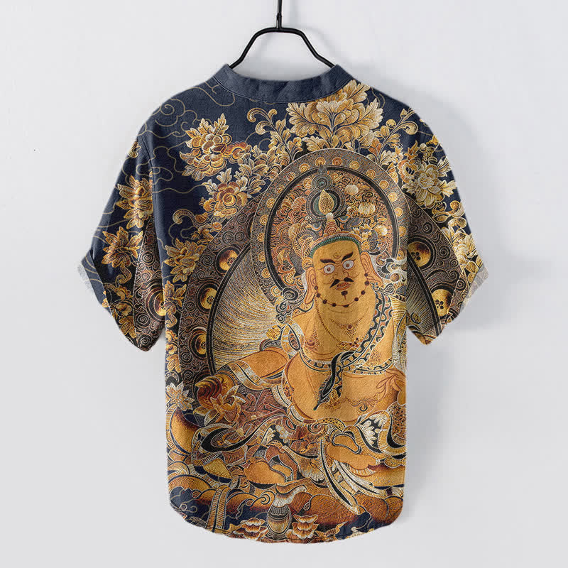 Buddha Stones コットンゴールド ブッダ 花柄プリント メンズ 半袖ハーフボタンシャツ - image 6