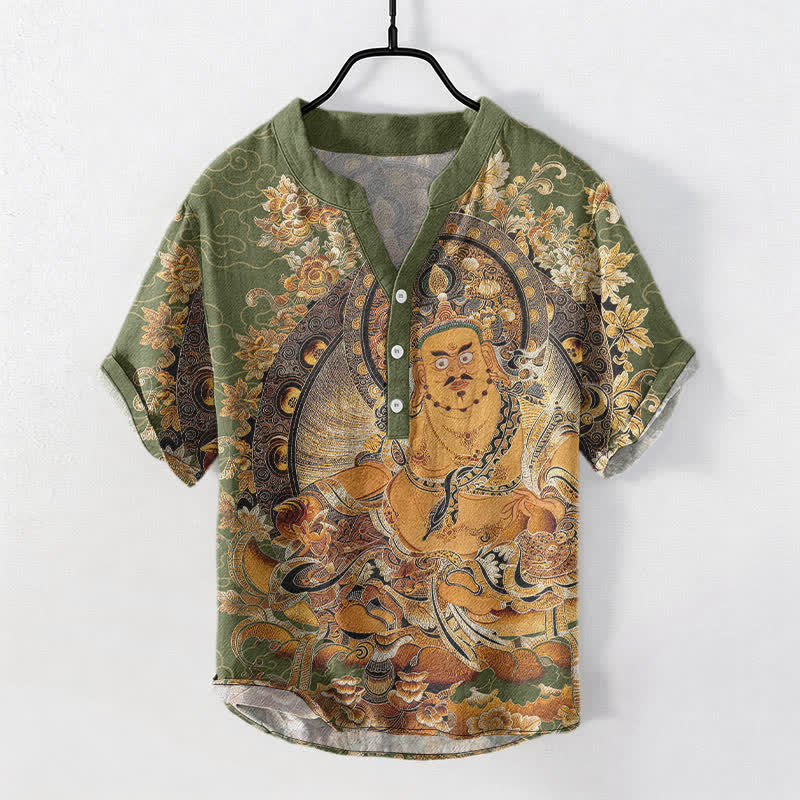 Buddha Stones コットンゴールド ブッダ 花柄プリント メンズ 半袖ハーフボタンシャツ - ダークシーグリーン - US/UK/AU50、EU60（5XL） - image 7