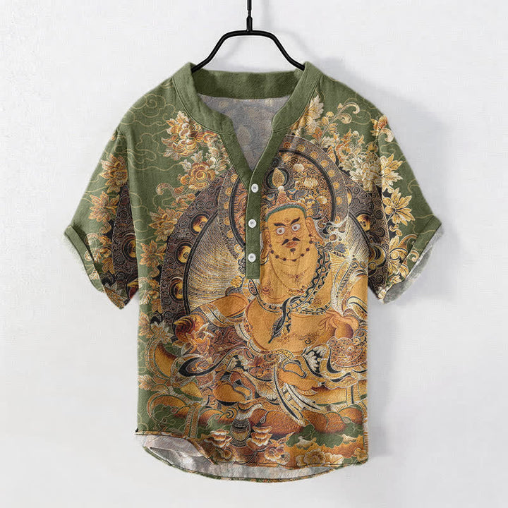 Buddha Stones コットンゴールド ブッダ 花柄プリント メンズ 半袖ハーフボタンシャツ - ダークシーグリーン - US/UK/AU50、EU60（5XL） - image 7