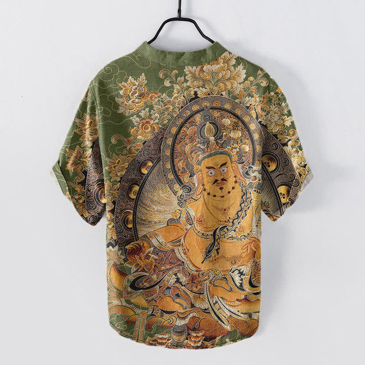 Buddha Stones コットンゴールド ブッダ 花柄プリント メンズ 半袖ハーフボタンシャツ - image 8