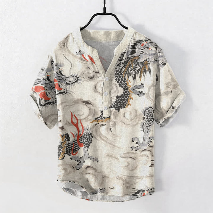 Buddha Stones コットン製ドラゴンプリントヘンリーネックメンズ半袖ハーフボタンシャツ - 象牙 - US/UK/AU50、EU60（5XL） - image 0
