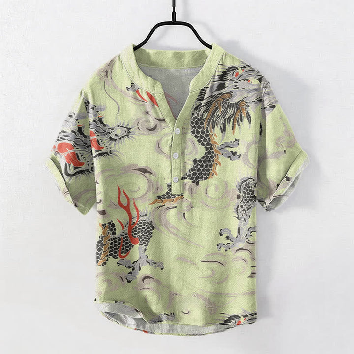 Buddha Stones コットン製ドラゴンプリントヘンリーネックメンズ半袖ハーフボタンシャツ - 緑黄色 - US/UK/AU50、EU60（5XL） - image 3