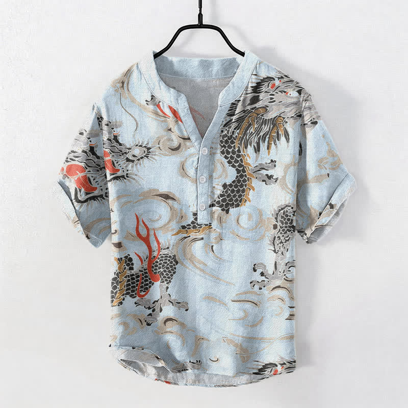 Buddha Stones コットン製ドラゴンプリントヘンリーネックメンズ半袖ハーフボタンシャツ - 水色 - US/UK/AU50、EU60（5XL） - image 5