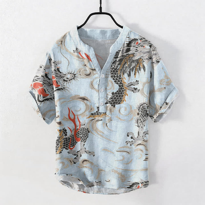 Buddha Stones コットン製ドラゴンプリントヘンリーネックメンズ半袖ハーフボタンシャツ - 水色 - US/UK/AU50、EU60（5XL） - image 5