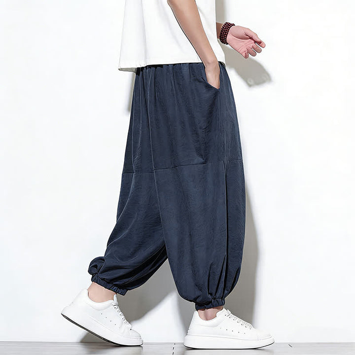 Buddha Stones 春物無地ドローストリング付きクロップド丈メンズハーレムコットンパンツ（ポケット付き） - image 5