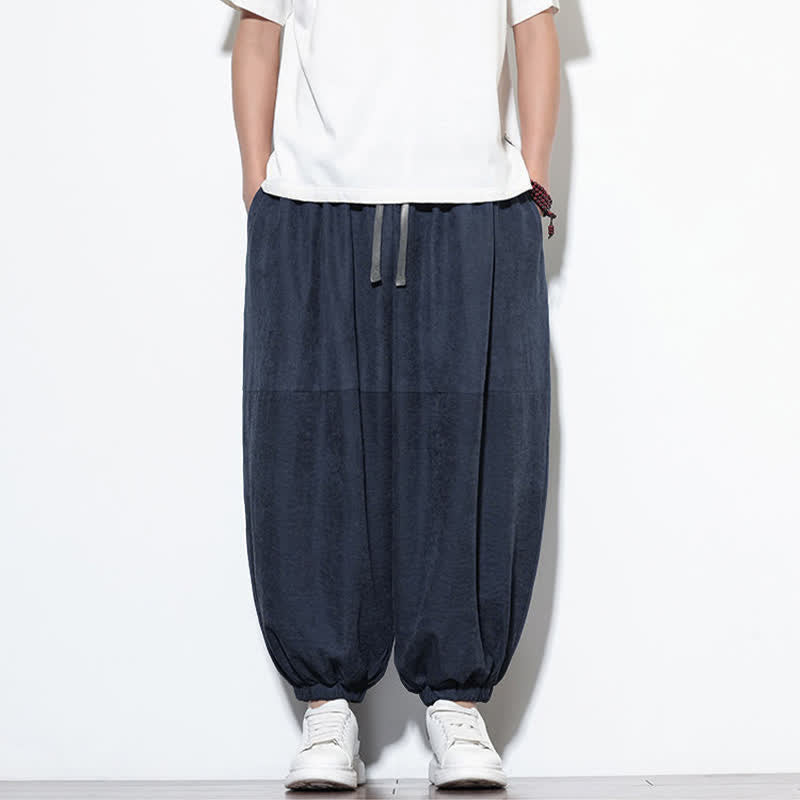 Buddha Stones 春物無地ドローストリング付きクロップド丈メンズハーレムコットンパンツ（ポケット付き） - image 1