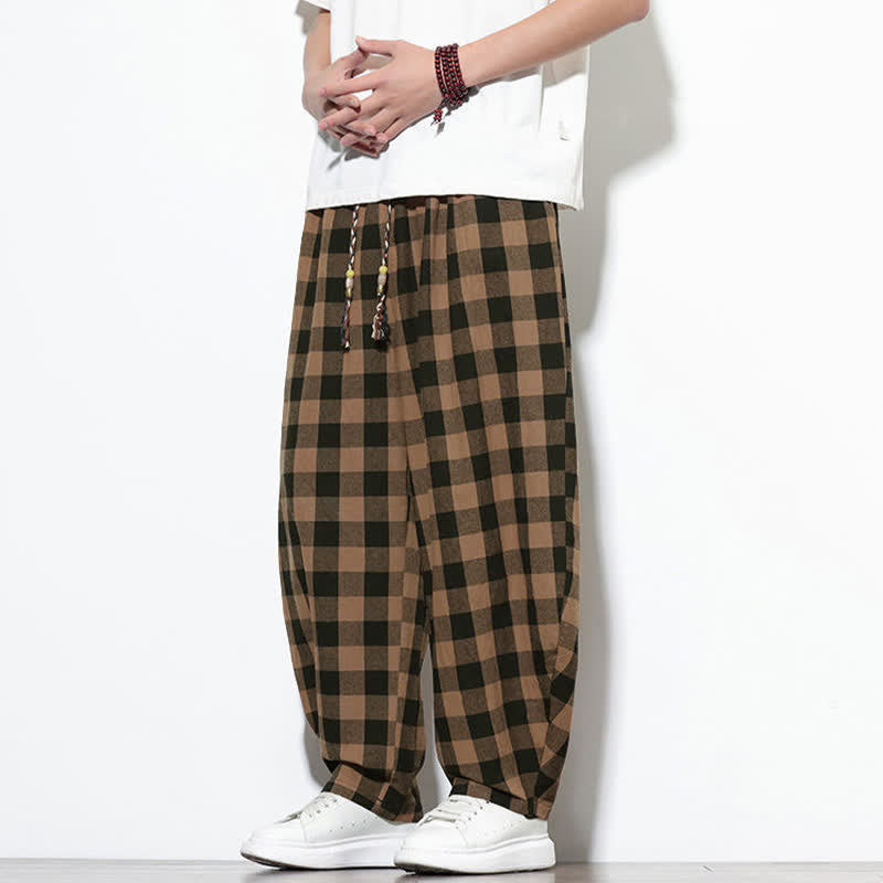 Buddha Stones 夏らしいチェック柄のハイウエスト・ドローストリング付きメンズハーレムパンツ（ポケット付き） - image 13