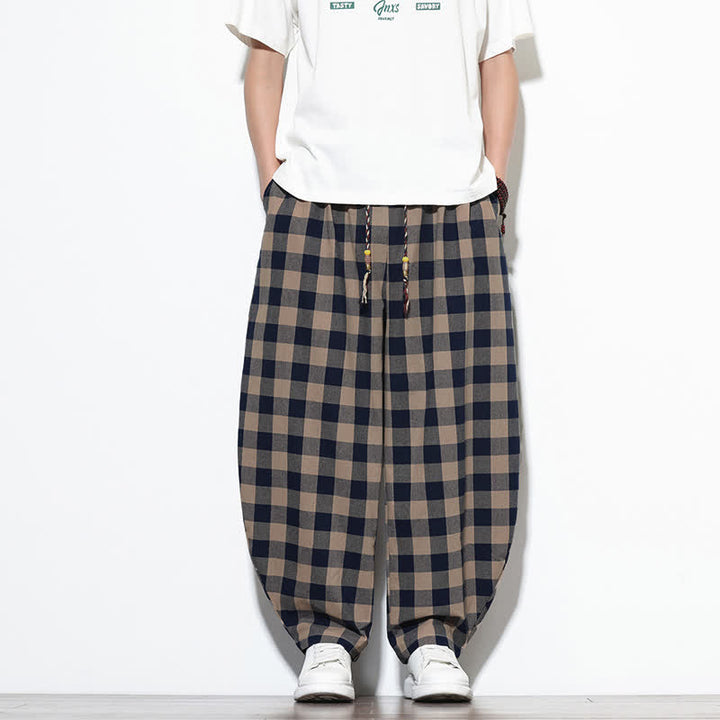 Buddha Stones 夏らしいチェック柄のハイウエスト・ドローストリング付きメンズハーレムパンツ（ポケット付き） - image 30