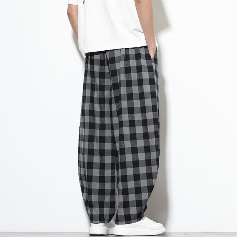 Buddha Stones 夏らしいチェック柄のハイウエスト・ドローストリング付きメンズハーレムパンツ（ポケット付き） - image 5