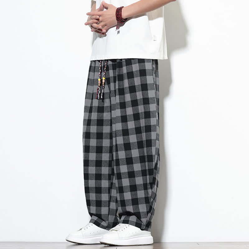 Buddha Stones 夏らしいチェック柄のハイウエスト・ドローストリング付きメンズハーレムパンツ（ポケット付き） - image 2