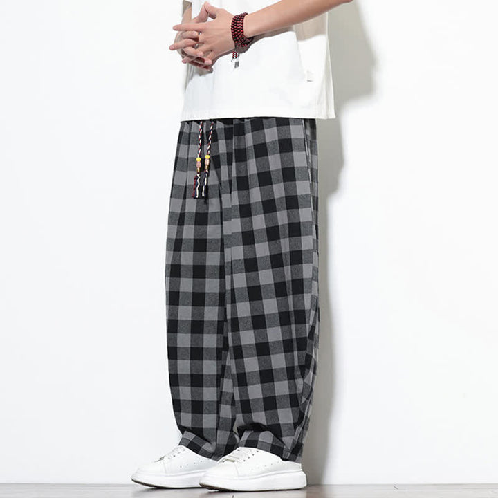 Buddha Stones 夏らしいチェック柄のハイウエスト・ドローストリング付きメンズハーレムパンツ（ポケット付き） - image 2