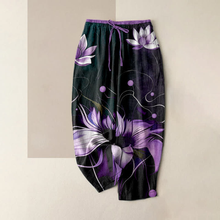 Buddha Stones 純綿パープルロータスプリントゴムウエストポケット付きレディースパンツ - 黒 - US16、 UK/AU20、 EU48 (3XL) - image 0