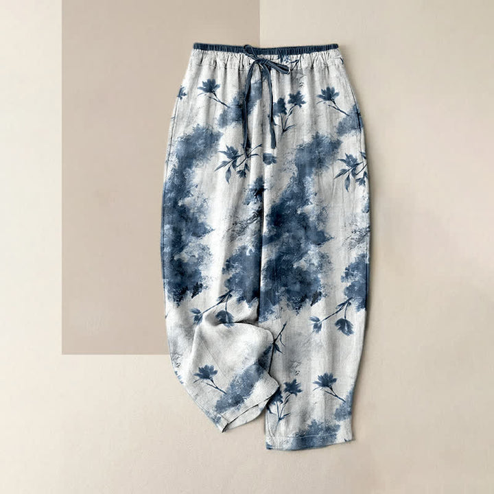 Buddha Stones 水墨画風花柄ゴム紐付きレディース純綿パンツ（ポケット付き） - スチールブルー - US16、 UK/AU20、 EU48 (3XL) - image 3