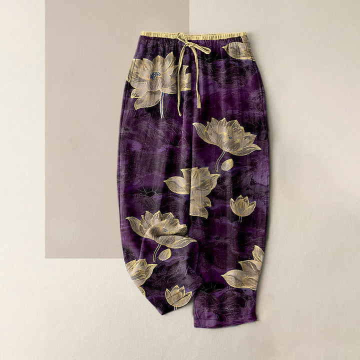 Buddha Stones 蓮の花柄、綿100％、ウエストゴム、ポケット付きレディースパンツ - 紫 - US16、 UK/AU20、 EU48 (3XL) - image 4