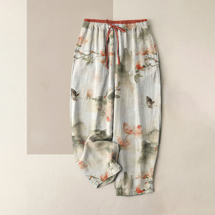 Buddha Stones 純綿素材、蝶と花柄プリントのレディースパンツ（ポケット付き） - リネン - US16、 UK/AU20、 EU48 (3XL) - image 0