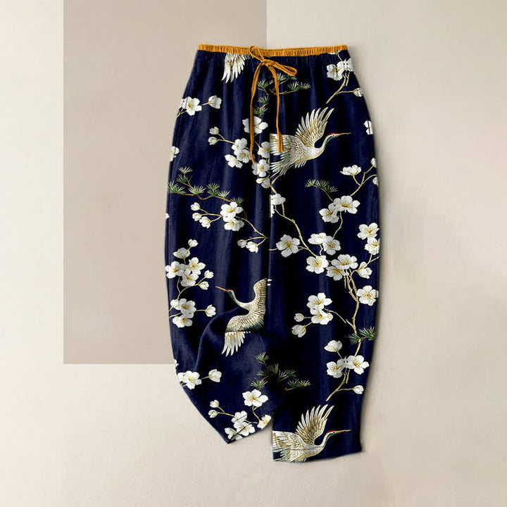 Buddha Stones 純綿素材、鶴と梅の花柄、ウエストゴム仕様、ポケット付きレディースパンツ - ミッドナイトブルー - US16、 UK/AU20、 EU48 (3XL) - image 0
