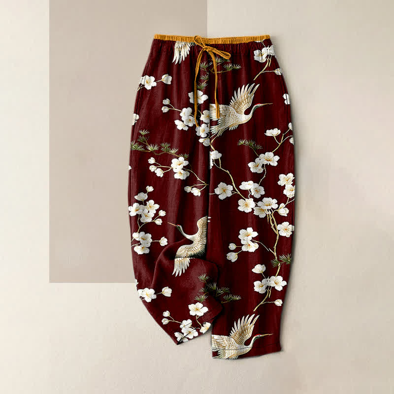 Buddha Stones 純綿素材、鶴と梅の花柄、ウエストゴム仕様、ポケット付きレディースパンツ - サドルブラウン - US16、 UK/AU20、 EU48 (3XL) - image 8