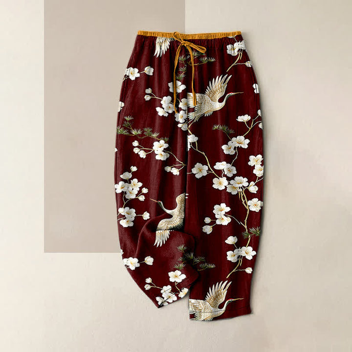 Buddha Stones 純綿素材、鶴と梅の花柄、ウエストゴム仕様、ポケット付きレディースパンツ - サドルブラウン - US16、 UK/AU20、 EU48 (3XL) - image 8