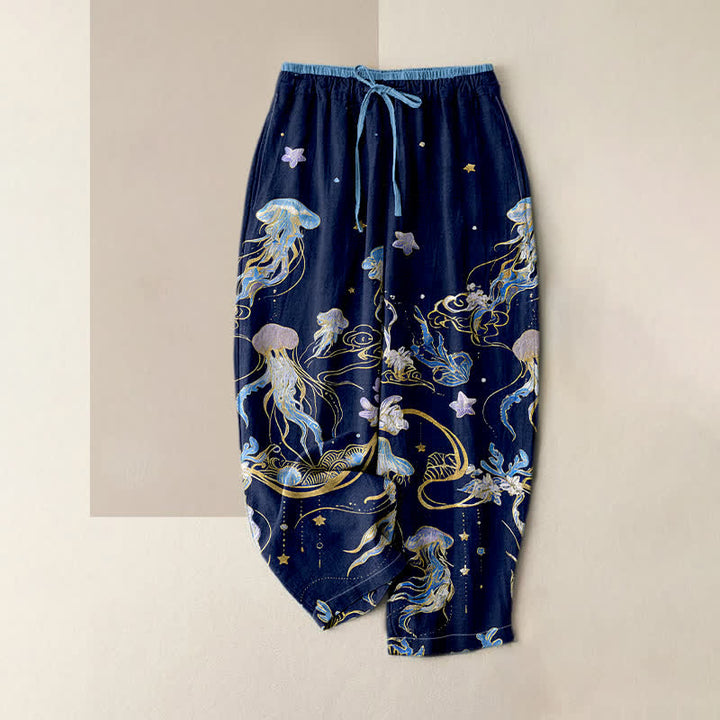Buddha Stones クラゲ柄 レディース ピュアコットン ゴムウエスト パンツ ポケット付き - 海軍 - US16、 UK/AU20、 EU48 (3XL) - image 0