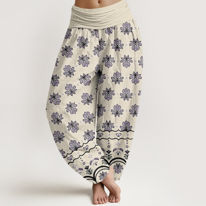 Buddha Stones 花柄 純綿 レディース ハーレムパンツ ゴム入り ハイウエスト - ベージュ - US16、 UK/AU20、 EU48 (3XL) - image 5