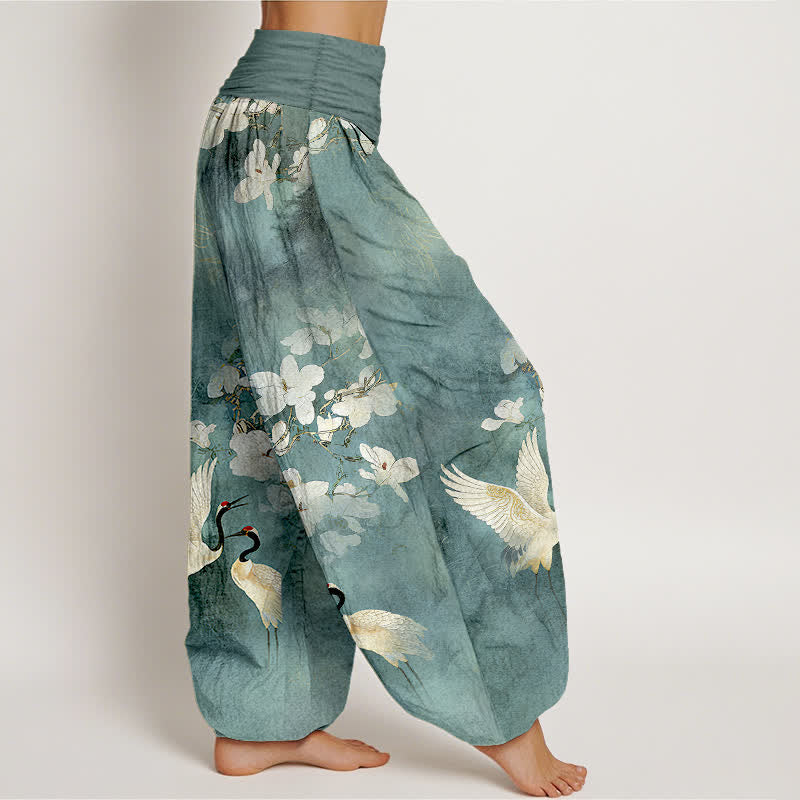 Buddha Stones 鶴の花柄ハイウエストレディースハーレムパンツ（ピュアコットン） - image 2