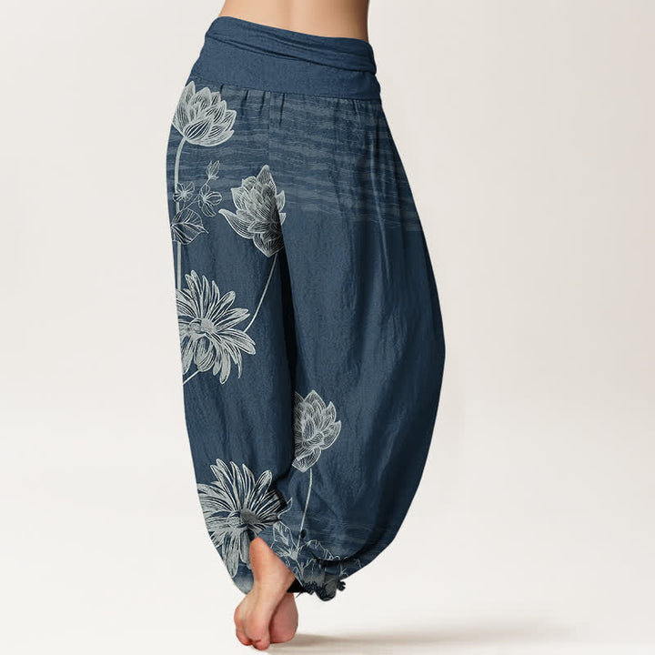 Buddha Stones ロータス柄ハイウエストデザイン レディース ハーレムコットンパンツ - image 1