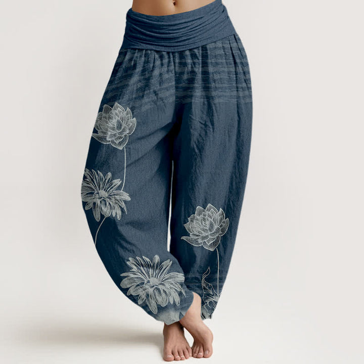 Buddha Stones ロータス柄ハイウエストデザイン レディース ハーレムコットンパンツ - ダークブルー - US16、 UK/AU20、 EU48 (3XL) - image 0