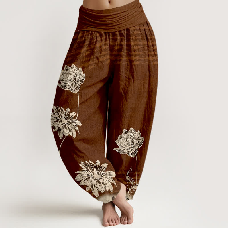 Buddha Stones ロータス柄ハイウエストデザイン レディース ハーレムコットンパンツ - サドルブラウン - US16、 UK/AU20、 EU48 (3XL) - image 5
