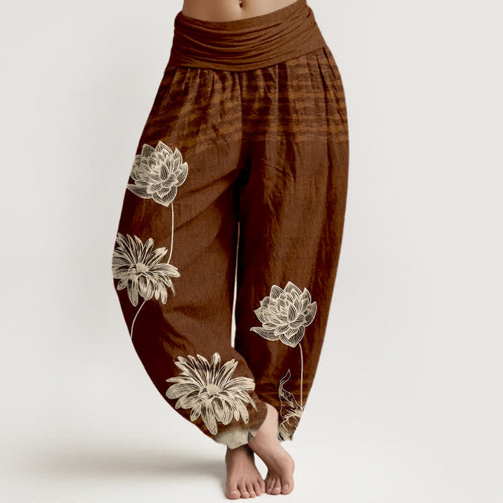 Buddha Stones ロータス柄ハイウエストデザイン レディース ハーレムコットンパンツ - サドルブラウン - US16、 UK/AU20、 EU48 (3XL) - image 5