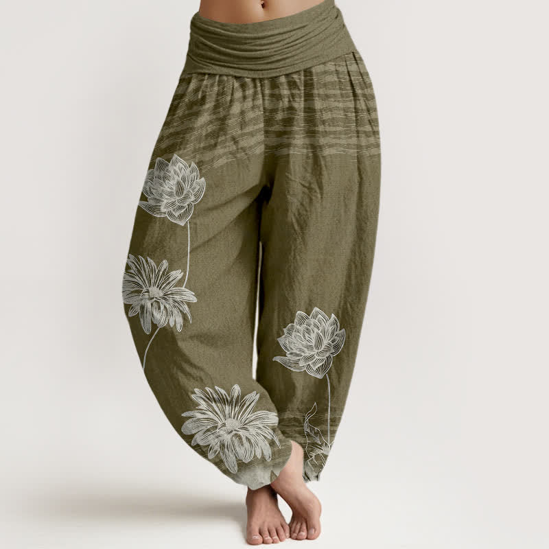 Buddha Stones ロータス柄ハイウエストデザイン レディース ハーレムコットンパンツ - オリーブ - US16、 UK/AU20、 EU48 (3XL) - image 8