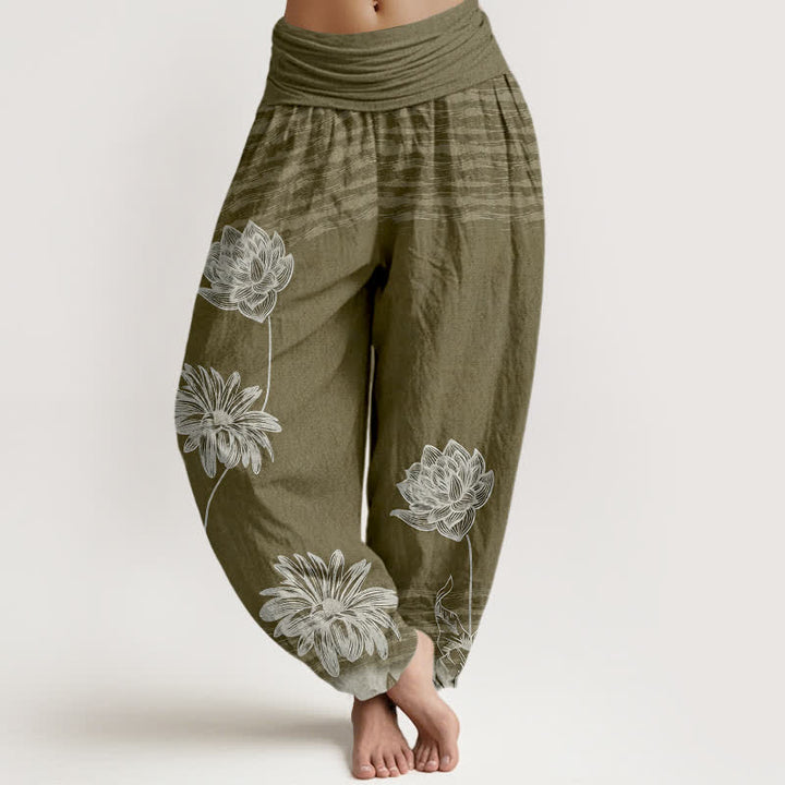 Buddha Stones ロータス柄ハイウエストデザイン レディース ハーレムコットンパンツ - オリーブ - US16、 UK/AU20、 EU48 (3XL) - image 8