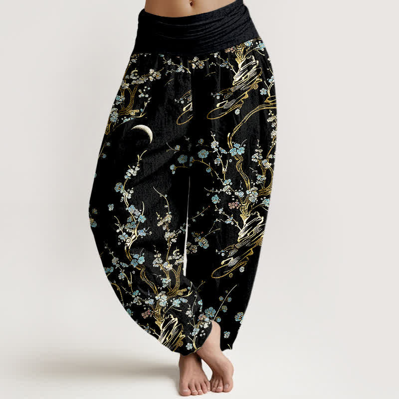 Buddha Stones 純綿梅の花柄ゴムウエストレディースハーレムパンツ - 黒 - US16、 UK/AU20、 EU48 (3XL) - image 0