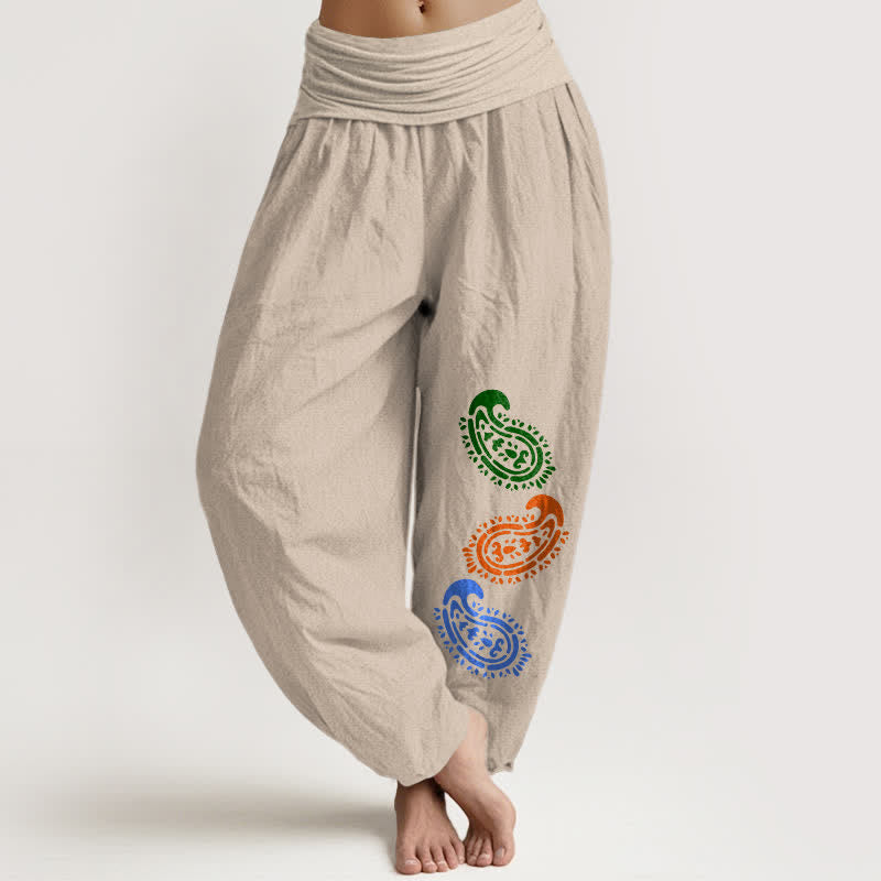 Buddha Stones ピュアコットン カラフルペイズリー柄 ハイウエスト レディース ハーレムパンツ - タン - US16、 UK/AU20、 EU48 (3XL) - image 0