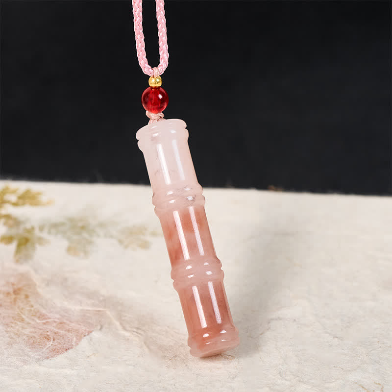 Buddha Stones 彫刻入り竹製天然ピンククォーツァイト翡翠保護ネックレスペンダント - image 1