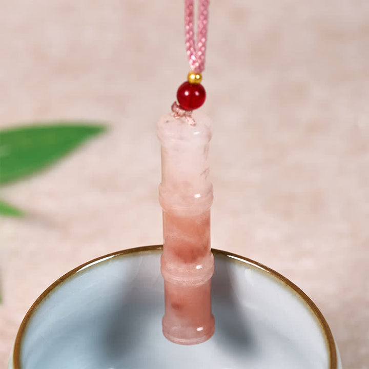 Buddha Stones 彫刻入り竹製天然ピンククォーツァイト翡翠保護ネックレスペンダント - image 3