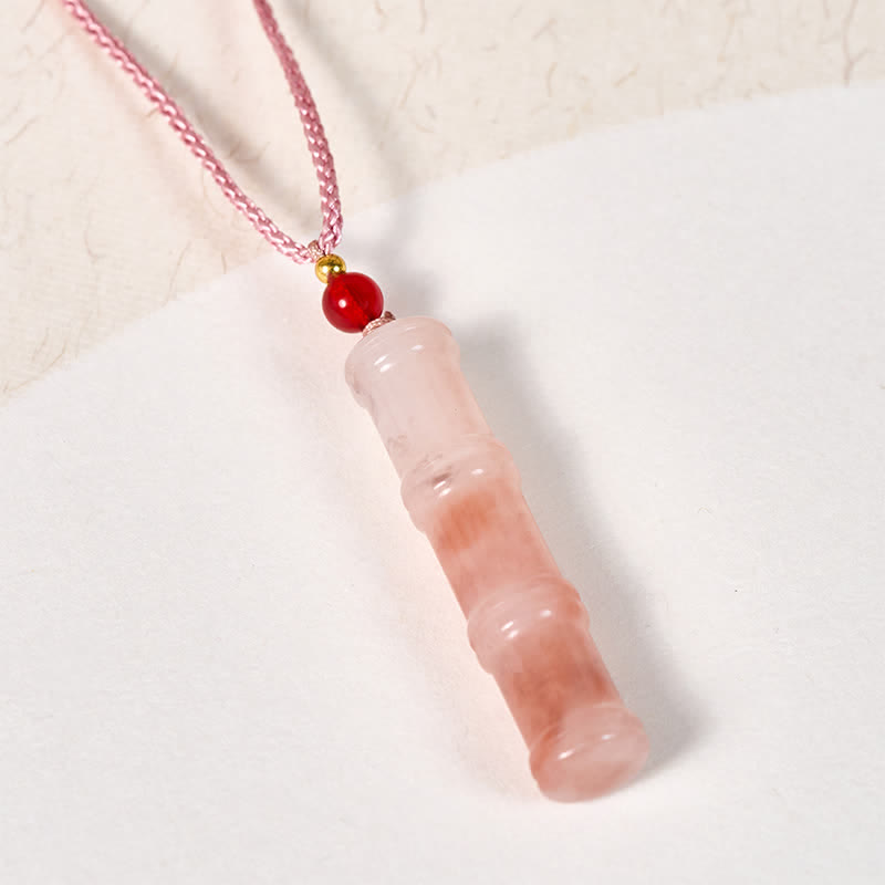 Buddha Stones 彫刻入り竹製天然ピンククォーツァイト翡翠保護ネックレスペンダント - image 2