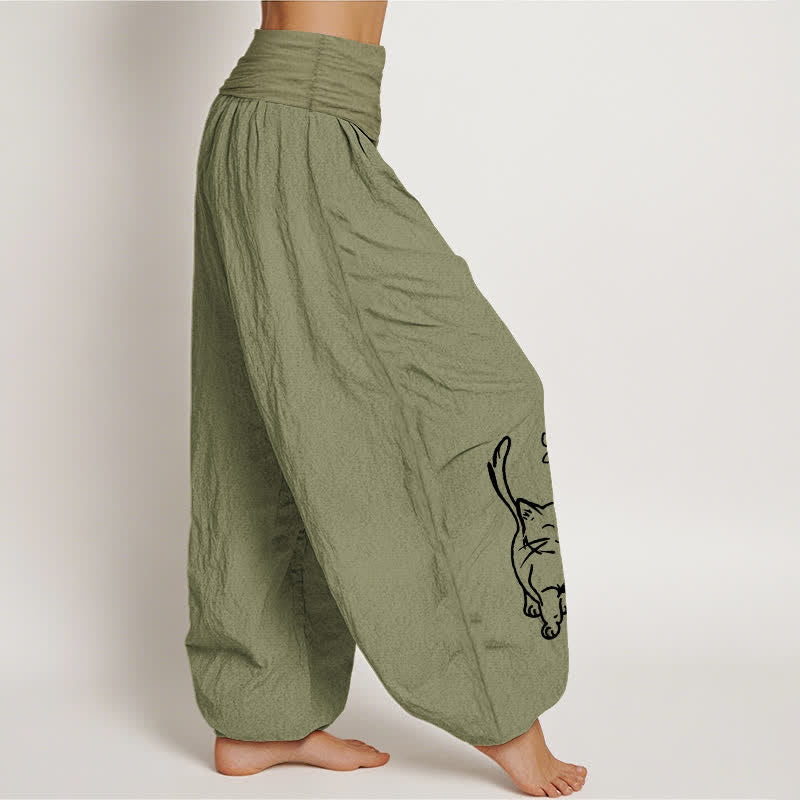 Buddha Stones ピュアコットン製、かわいい猫柄のレディースハーレムパンツ（ウエストゴム入り） - image 16