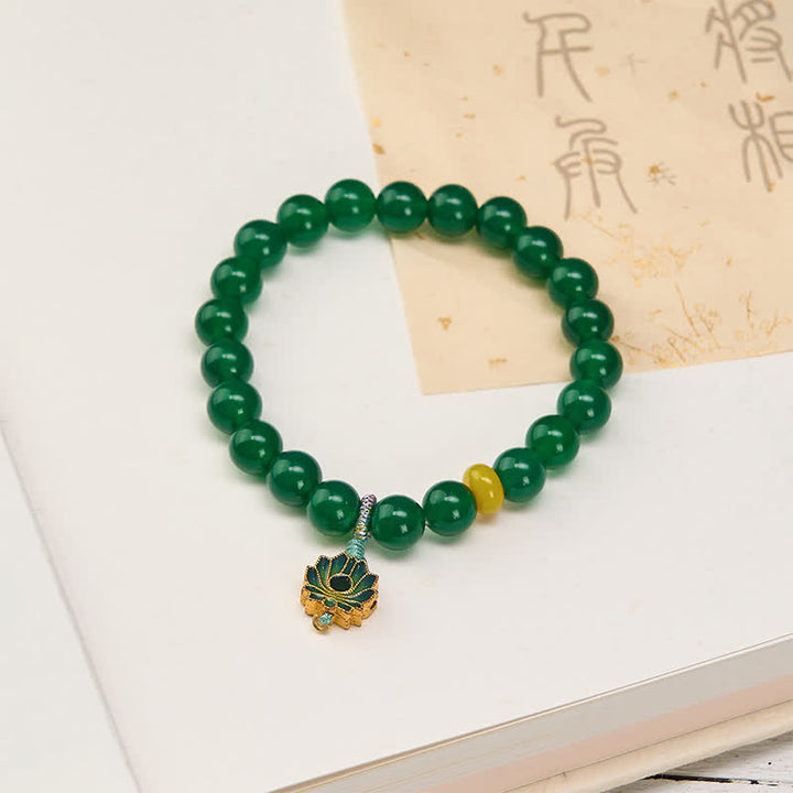 Buddha Stones 天然グリーンアゲート、イエローアゲート、ロータスチャーム、成就ビーズブレスレット - グリーンアゲート（手首周り15～16cm） - image 0
