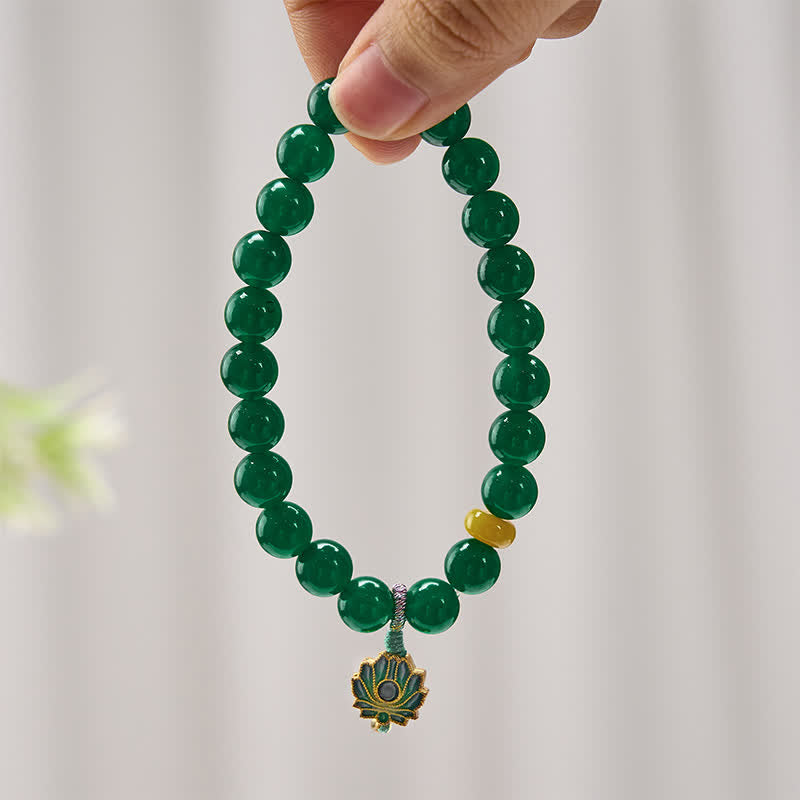 Buddha Stones 天然グリーンアゲート、イエローアゲート、ロータスチャーム、成就ビーズブレスレット - image 1