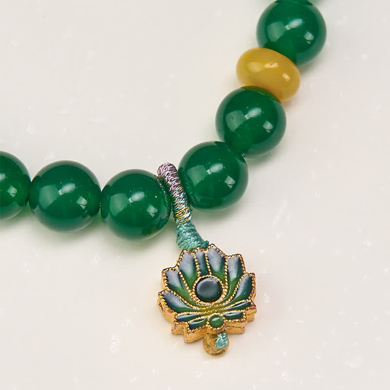Buddha Stones 天然グリーンアゲート、イエローアゲート、ロータスチャーム、成就ビーズブレスレット - image 4
