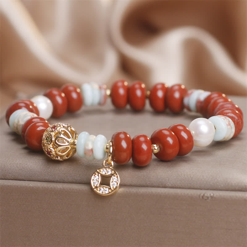 Buddha Stones レッドジャスパー・ショウシャン石そろばん玉銅貨守護ブレスレット - image 5
