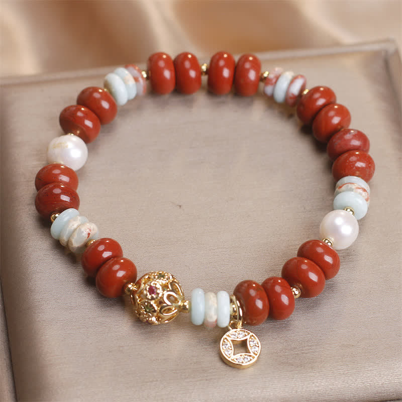 Buddha Stones レッドジャスパー・ショウシャン石そろばん玉銅貨守護ブレスレット - image 1