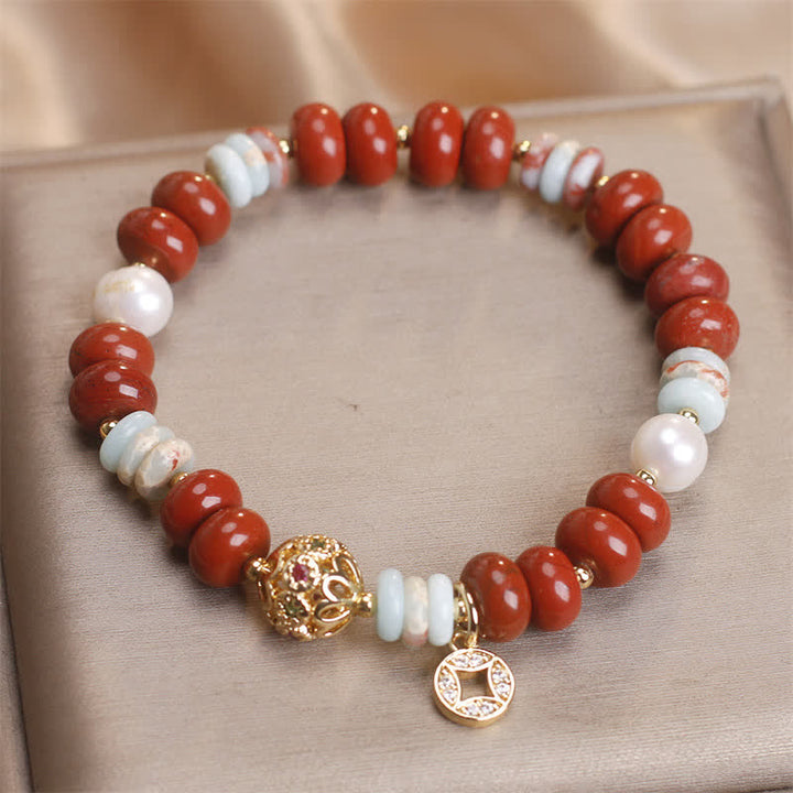 Buddha Stones レッドジャスパー・ショウシャン石そろばん玉銅貨守護ブレスレット - image 1