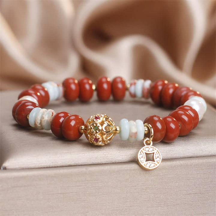 Buddha Stones レッドジャスパー・ショウシャン石そろばん玉銅貨守護ブレスレット - image 4