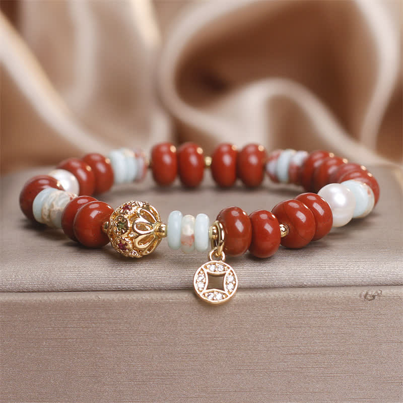 Buddha Stones レッドジャスパー・ショウシャン石そろばん玉銅貨守護ブレスレット - レッドジャスパー（手首周り：15～16cm） - image 0